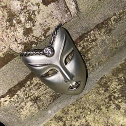 Silver Tone Matte Finish Mask Brooch