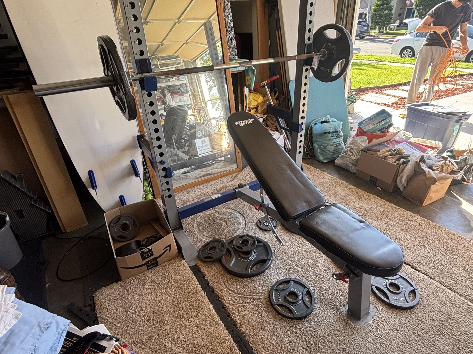 Fitness Gear Pro Half Rack + Bench + 300 lb Olympic Weight Set + Bar