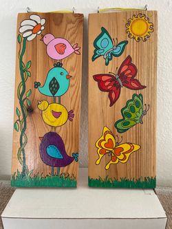 Original Hand Painted Birds and Butterflies Garden Art - Pair