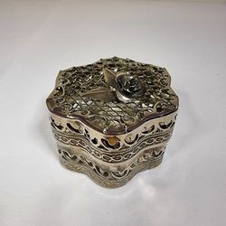 Vintage Filigree Tin Trinket Box w Rose
