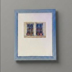 BLUE CHARMING FRAMED, WITH GLASS, WINDOW ART PRINT. SIZE: 9.5" X 11". LIKE NEW!