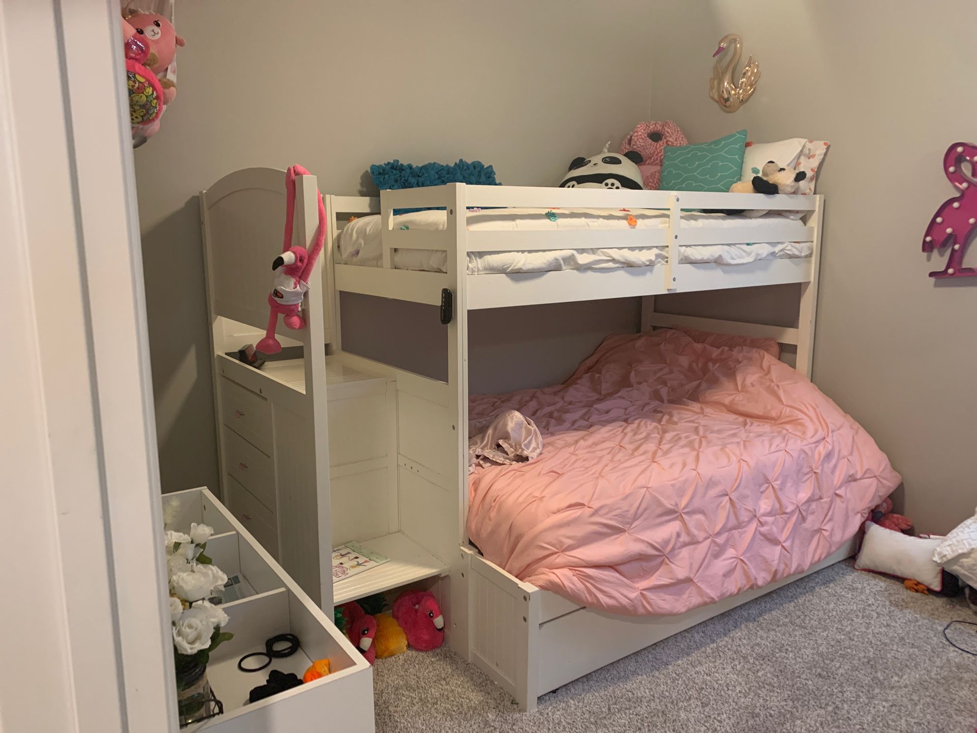 White Twin over Full Bunk bed with stairs/ dresser