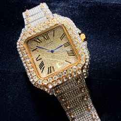 Cartier Style Iced-Out Gold Tone Watch – Fully Paved Crystal Dial & Band – Roman Numerals – Diamond Look 