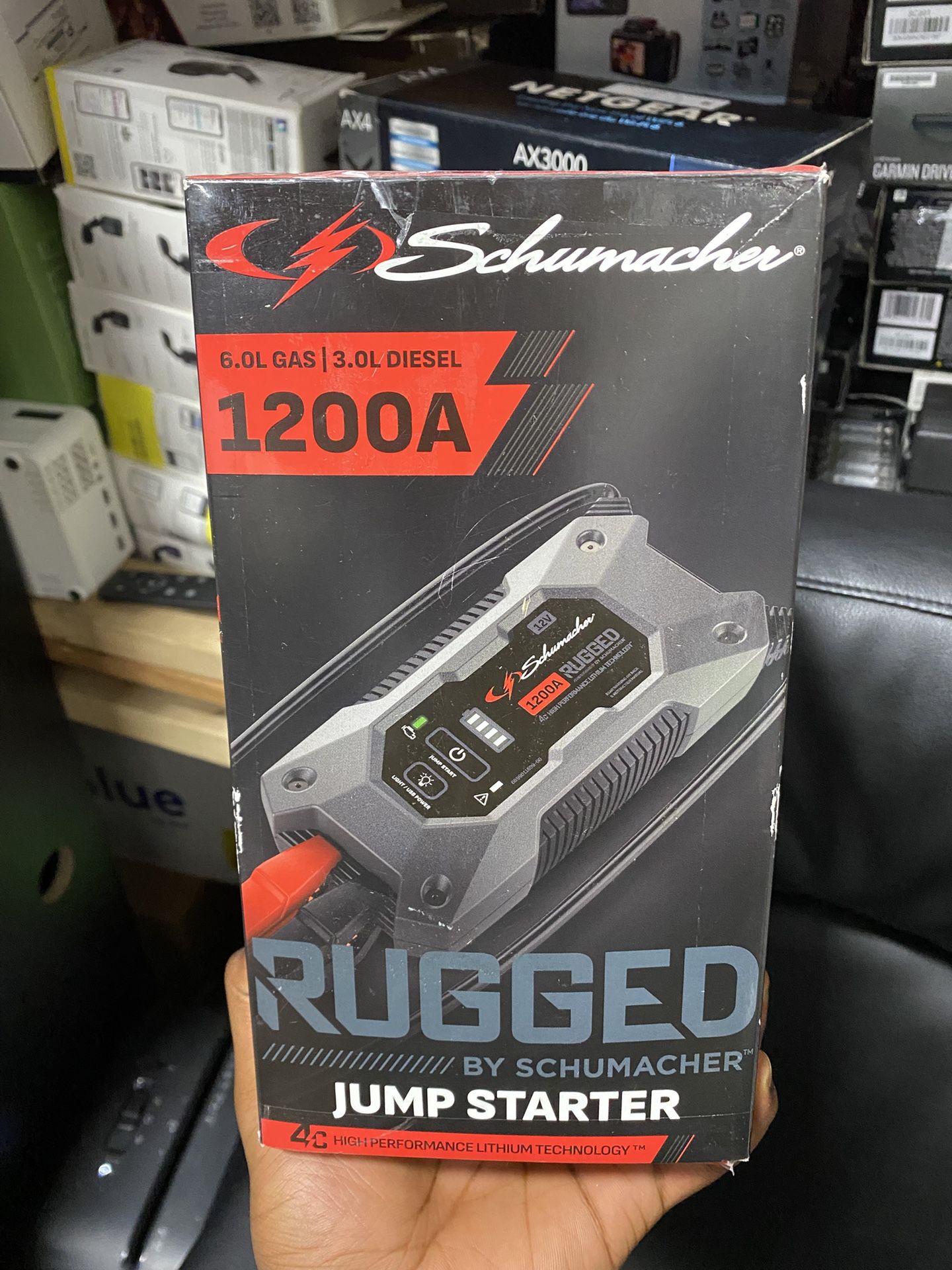 Schumacher SL1(contact info removed) Peak Amp 12V Rugged Lithium Jump Starter and USB Power Pack, New in Box