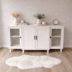 ✨ Modern Cream Sideboard Buffet Cabinet with Glass Display Doors