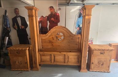 Solid Wood Western Queen Bed Set + Display Cabinet