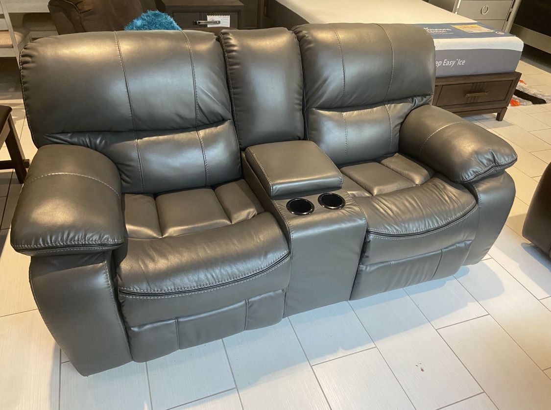 Summer clearance sale. Madrid, gray leather reclining sofa and loveseat set only $1099. Easy finance option. Same day delivery.