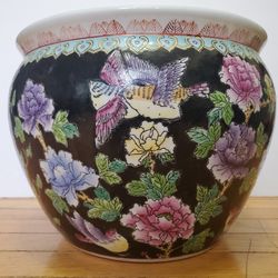 Vintage Chinese Ceramic Planter Floral Birds and Goldfish