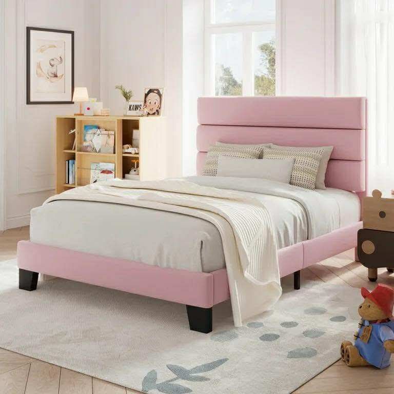 Twin Size Platform Bed Frame with Velvet Upholstered Headboard, No Box Spring Needed, Pink