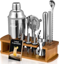 KITESSENSU Cocktail Shaker Set with Stand | Bar Set Drink Mixer Set with All Essential Accessories Tools: Martini Shaker, Measuring Cup, Strainer, Mix