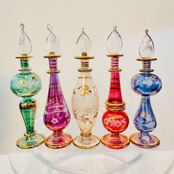 Vintage Set Of 5 Egyptian Glass Perfume  Genie Bottles Hand Blown Art Glass