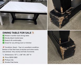 Marble-Top Dining Table with Black Trestle Base
