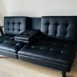 Memory Foam Futon With Cup holder And USB, Black Faux Leather