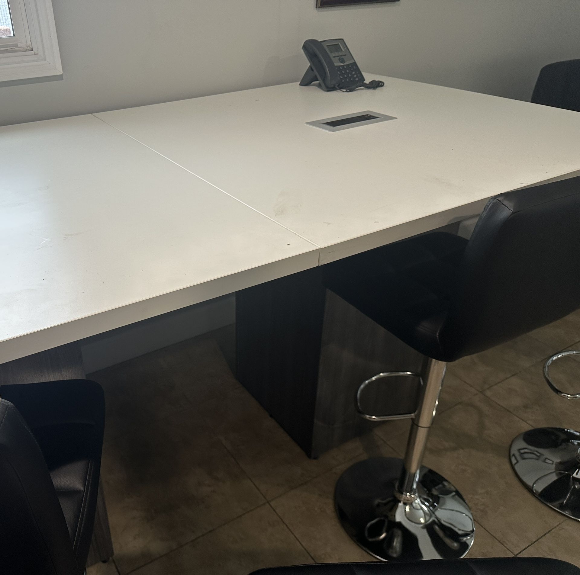 Large white conference room table in great shape – perfect for office or meeting space. Includes: