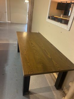 Solid oak table top with steel legs