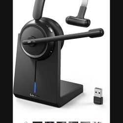Wireless Headset with Microphone, Bluetooth Headset with Noise Canceling Mic & Mute Button, 65 Hrs Wireless Headset for Work with Charging Base, Suita