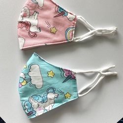 Set Of 2 Kids Unicorn Blue Pink Cotton Cloth Masks Washable Reusable Adjustable Earloops Good for 3-12 years