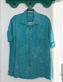 Tommy Bahama Men's XL 100% Silk Hawaiian Camp Shirt Blue Palm Tree Button Up
