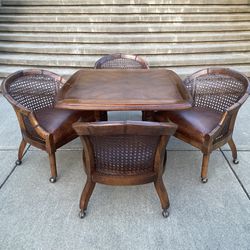 Mid Century Dining / Game Table, 4 Rolling Chairs And Table Protective Cover