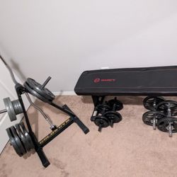 Home Weight Set (250lbs Plates/Barbells/Curl Bar/Bench/Tree)