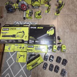 RYOBI TOOLS LOT , BATTERY,  CHARGER, 40V ONE PLUS HP  AND ONE PLUS 