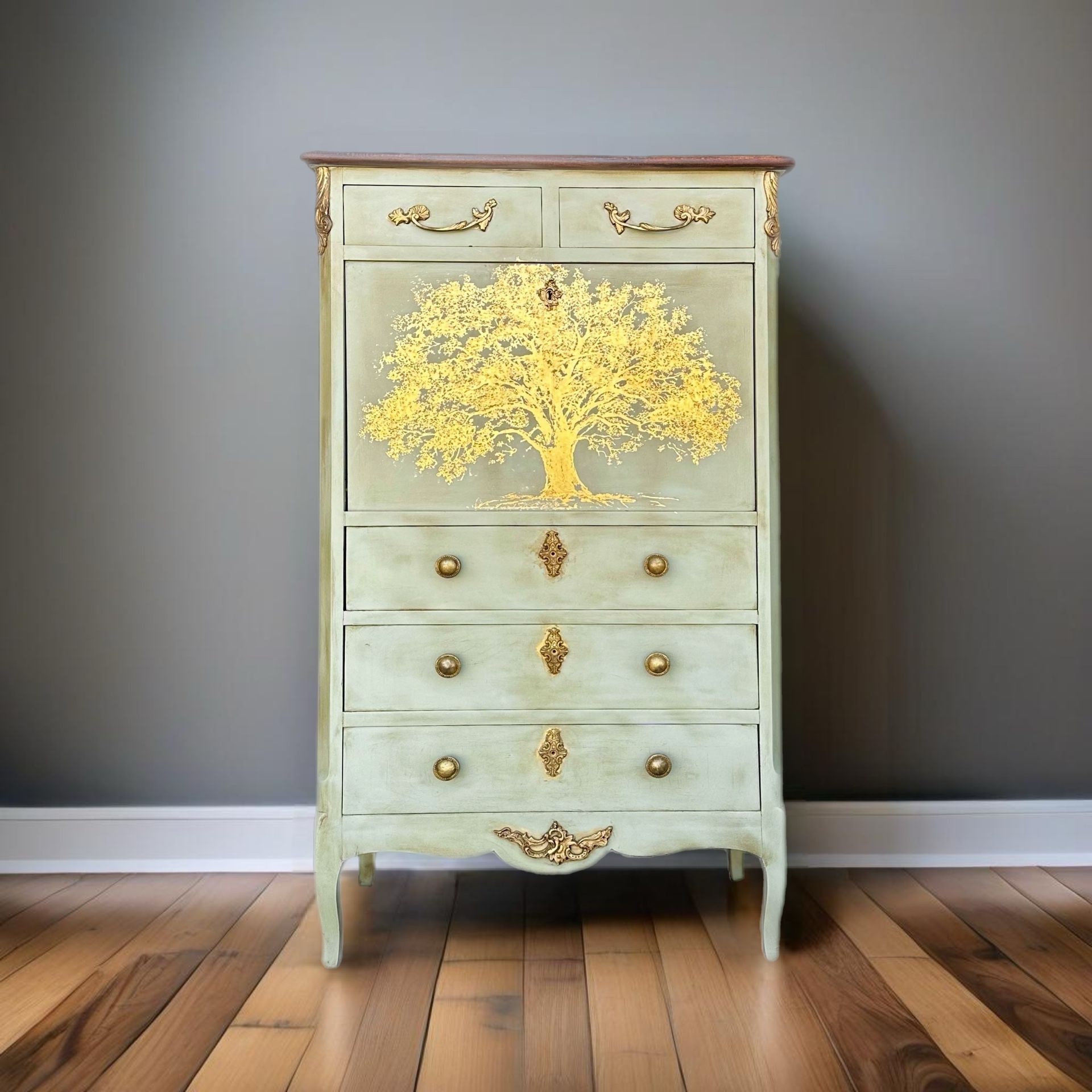 Vintage Solid Wood Antique Green Gold Glam French Secretary Desk Cabinet Storage