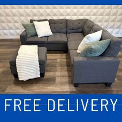 (FREE DELIVERY) Nice Modern Dark Grey Corner Sectional with matching ottoman