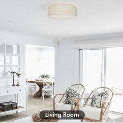 Recessed Mount Ceiling Lamp, Modern 16 Inch Ceiling Lamp with Double Linen Cloth Shade, 3-Light Semi-Mounted Ceiling Lamp, Farm Drum Lamp for