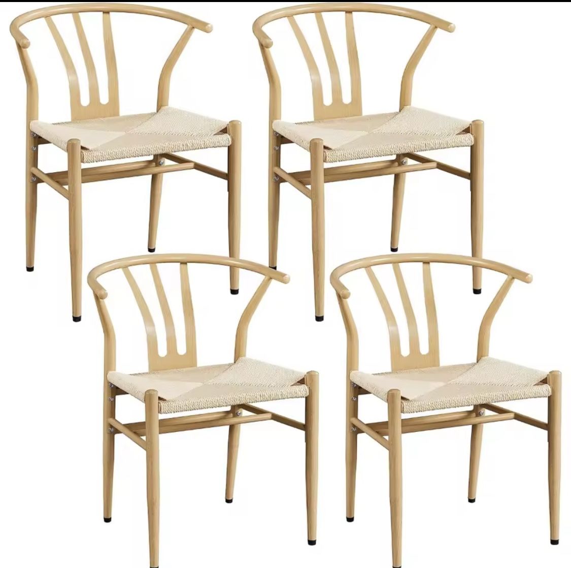 Mid Century Modern Metal Wishbone Dining Room Chairs Set of 4 - Rattan painted frame and Woven Seat
