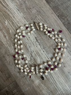 Multi-Strand Pearl and Ruby Beaded Necklace