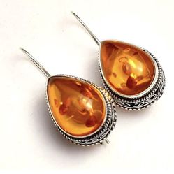 Teardrop Baltic Amber 1.5” Sterling Silver Earrings