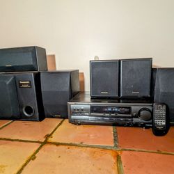 Vintage PANASONIC STEREO SYSTEM MODEL SA-HT210 (receiver, subwoofer, 5 speakers, remote, AV cables)