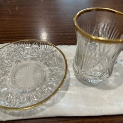 Turkish / Middle Eastern tea glass set with gold rim and saucer 