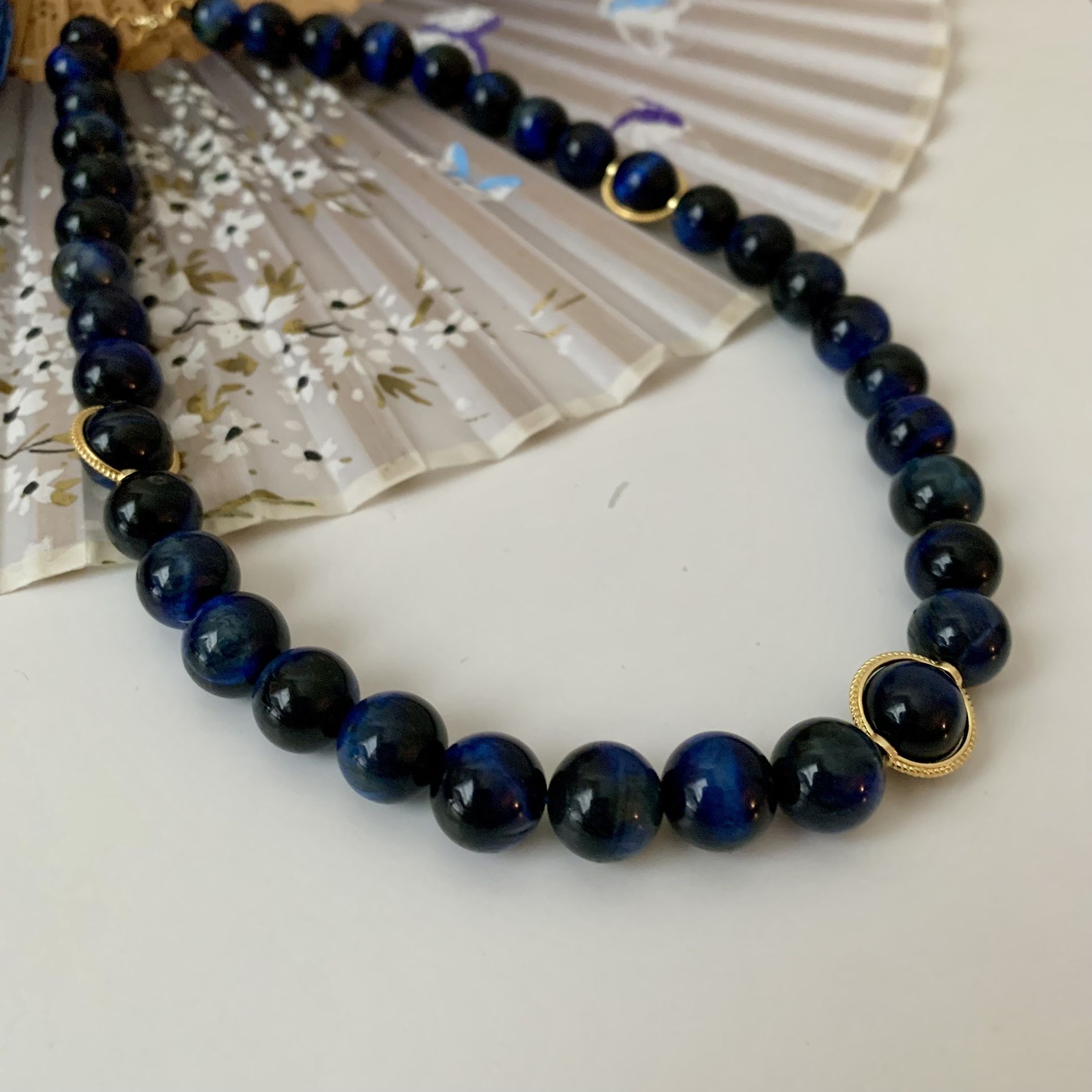 *New* Elegant Dark Blue Tiger’s Eye Stone (10mm) Necklace / Choker With 18K Gold Plated Circle Separators, 16.5”