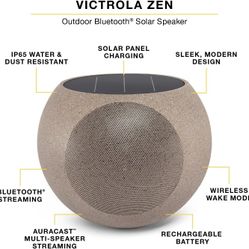 Victrola Zen - Wireless Outdoor Bluetooth Speaker IP65 Weather Resistant, Solar Charging, Multi Speaker Connection With Auracast