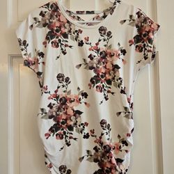 Duetime Maternity Women's Shirt Size Small White Floral Short Sleeved Top Ruched Sides Motherhood