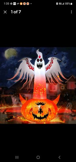 8FT Halloween Inflatables Outdoor Decorations Ghost with Built-in Flame Flashing Projection Light Scary Red Eye Pumpkin Blow-Up Yard Decorations for H