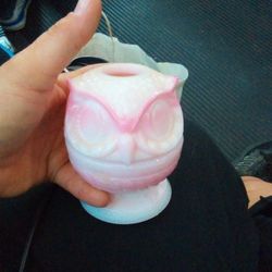 Fenton Rosalene OWL 2 Piece Fairy Lamp Candle Holder 3.5", Pink White Slag Glass, Fenton Stamp, Fairy Light, Figural Owl Candle Holder