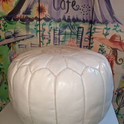White Moroccan Leather Pouf Ottoman Round Footrest for Home Decor