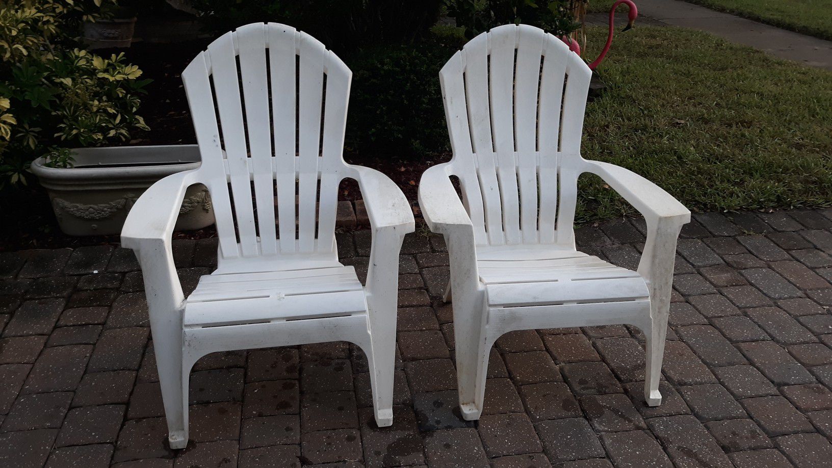 2 White Plastic Adirondack Chairs