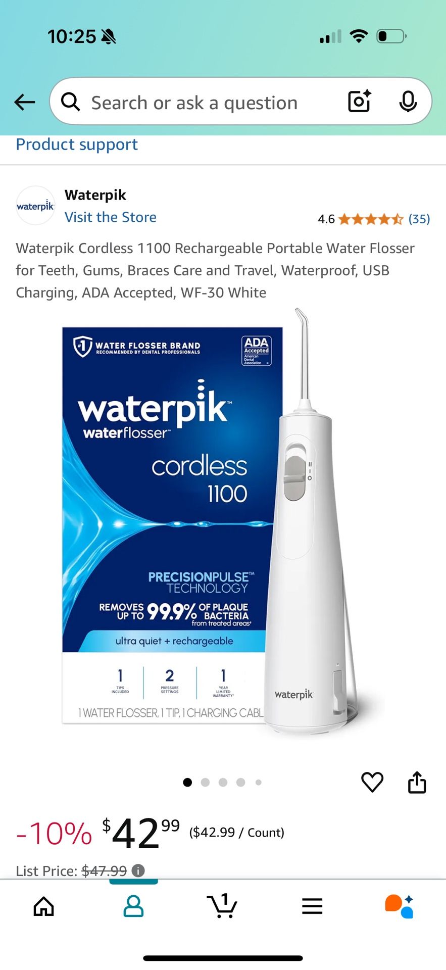 Waterpik Cordless 1100 Rechargeable Portable Water Flosser for Teeth, Gums, Braces Care and Travel, Waterproof, USB Charging, ADA Accepted, WF-30 Whit