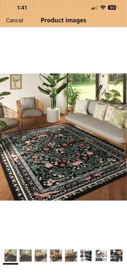 5x7 Washable Rug Vintage Floral Botanical Area Rug Non Slip Low Pile Large Rugs for Living Room, Bedroom, Farmhouse, Dining Room, Kids Playroom, Black