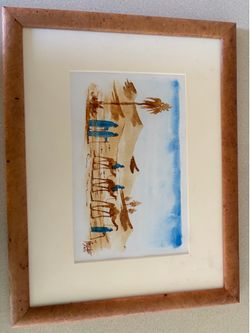 Framed Watercolor Painting Desert Camels Hulle 2014