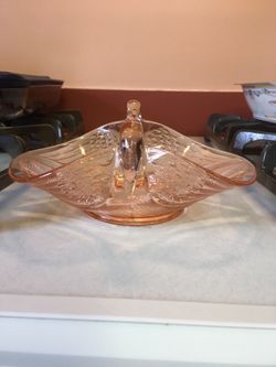 Pink depression glass bowl with Swan head handles