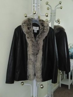 Fox fur trimmed leather jacket