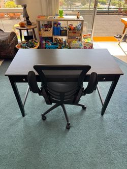 Black Wood Work Desk with three mini drawers and Black Leather Office Chair