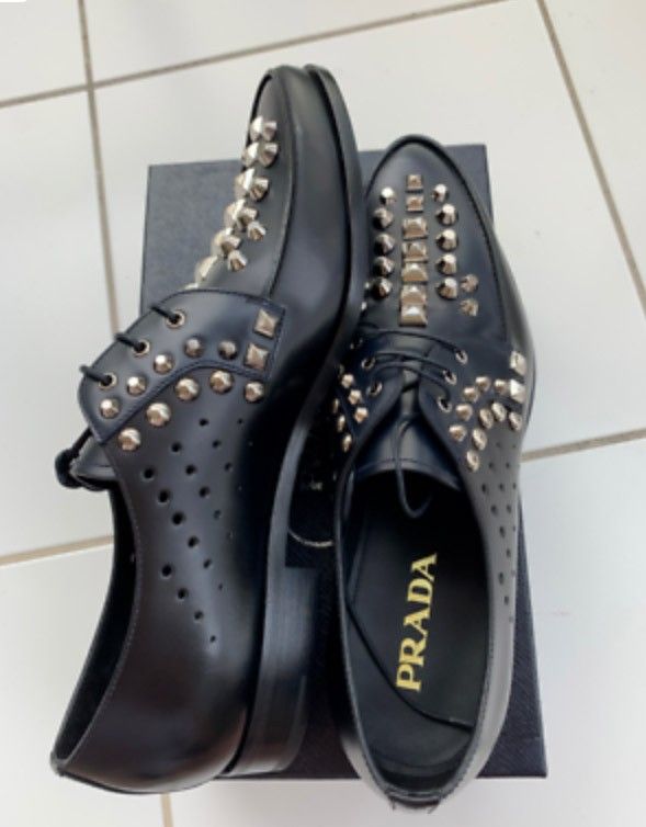 Prada Mens Black Leather Lace up Studded Shoes