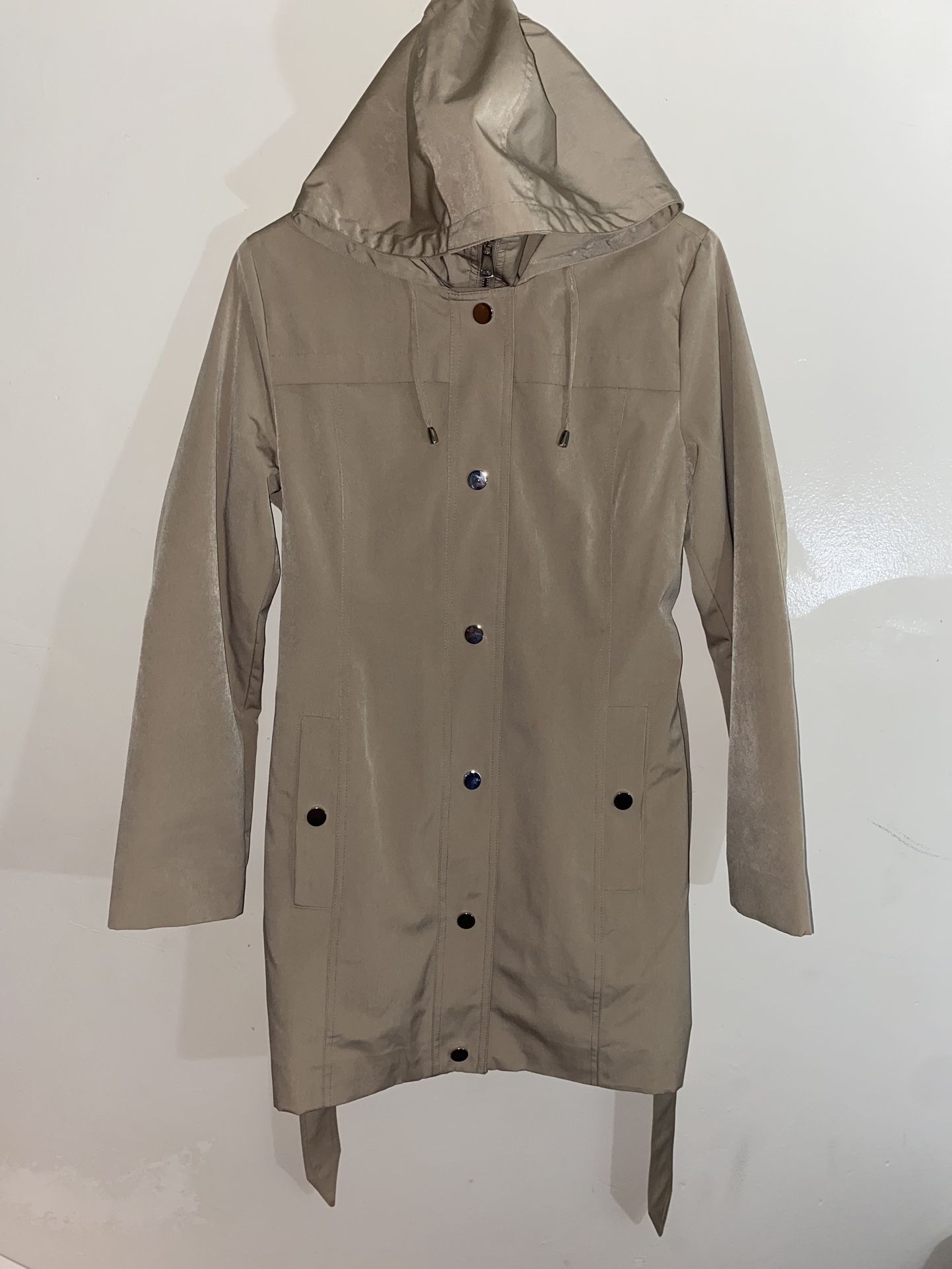 Croft&Barrow Sash Tie Button Up Jacket Women's Small Beige Hooded Full Zip Up