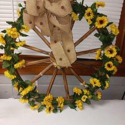 Beautiful Large Wood Wagon Wheel With Florals
