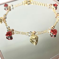 Red Roses Gold Hearts Bracelet (14k GOLD PLATED)